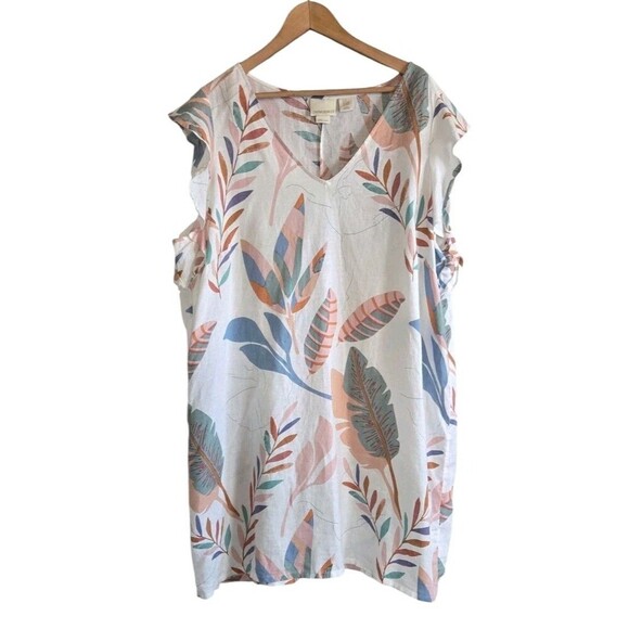 Cynthia Rowley Linen Dress Womens 2X Tan Floral Cap Flutter Sleeve Knee Length - Picture 1 of 8